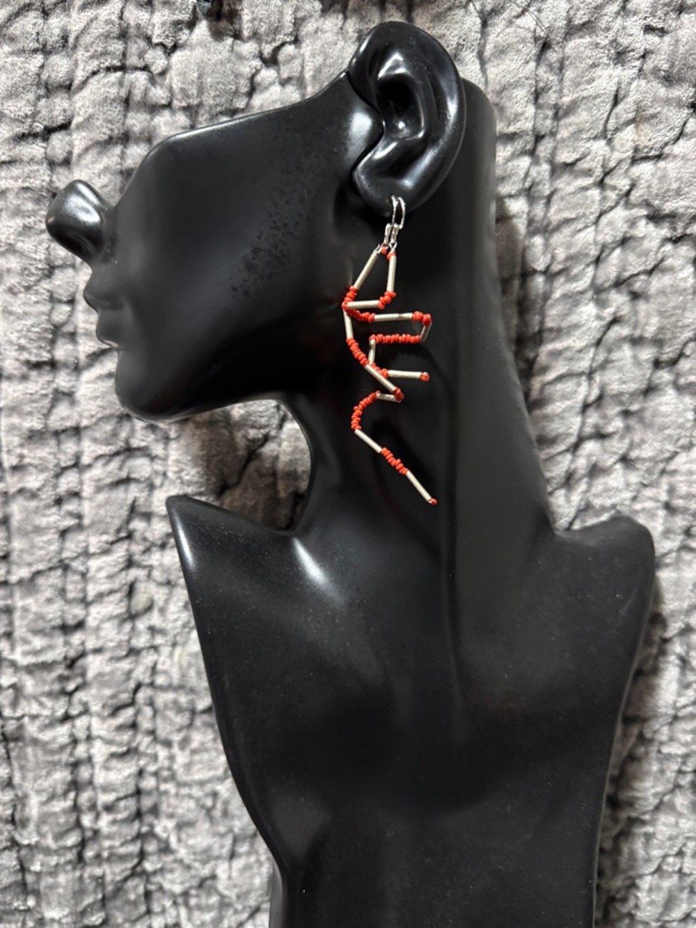 Red Beaded Zigzag Drop Earrings Silver and coral.